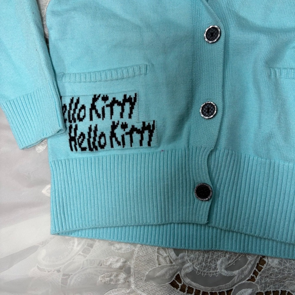Sanrio Hello Kitty Hooded Cardigan Sweater Light Blue Button Front Y2K Style - Picture 2 of 5